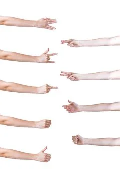 Set hands different gestures white background. High quality and resolution Stock Photos