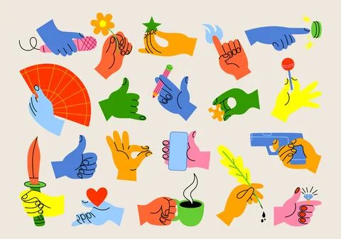 Set of hands with different stuff, gestures and signs in flat cartoon style. Stock Illustration