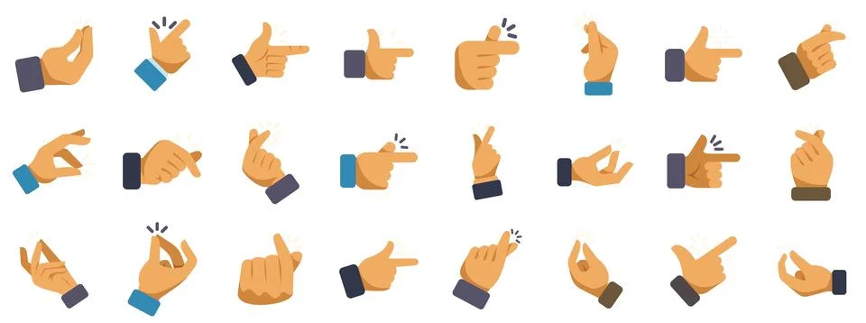 Set of hands gesturing, pointing, snapping fingers and making other signs Stock Illustration