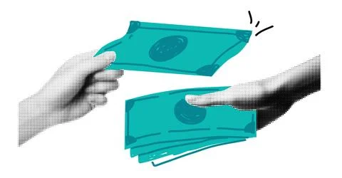 Set of hands hold money elements for collages. Halftone effect. Retro Stock Illustration
