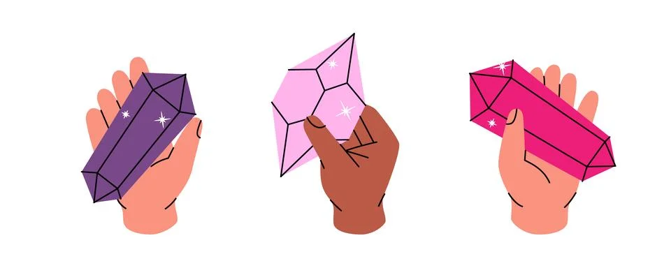 Set of hands holding crystals. Magic mineral crystals. Diamonds, brilliants 스톡 일러스트