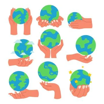 Set of hands holding earth globe set collection, save the planet concept, E.. Stock Illustration