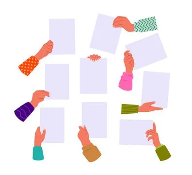 Set of hands holding empty blank papers, Concept of notice, contract notify.. Stock Illustration