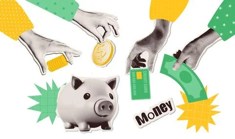 Set of hands holding money elements for y2k collages. Halftone Retro piggy bank Stock Illustration