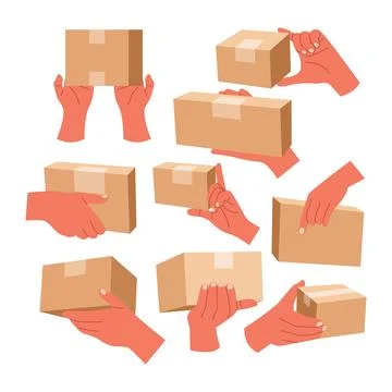 Set of hands holding parcel package paper box, express delivery, courier, s.. Stock Illustration