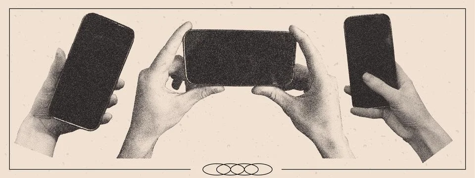 Set of hands holding phone with empty display. Photocopy effect. Vector ele.. Stock Illustration