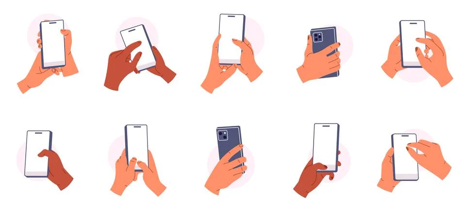 Set of hands holding the smartphone vertically. White smartphone screen. Pe.. Stock Illustration
