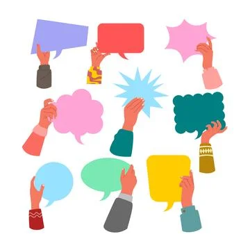 Set of hands holding speech bubble collection, People's hands exchange idea.. Illustrazione stock