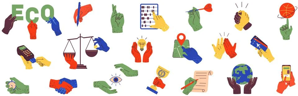 Set of hands holding stuff, gesturing. Human palms with different items, devices Stock Illustration