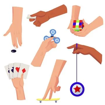 Set of hands holding various game accessories flat vector illustration isolated. Stock Illustration