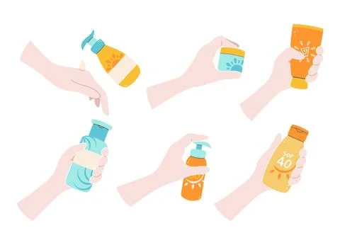 Set of hands holding various sunscreen products, including sprays, lotions Stock Illustration