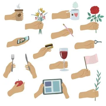 Set with hands holding various things. Cartoon vector illustration. Stock Illustration