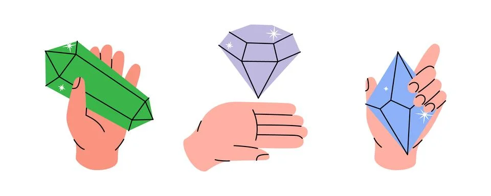 Set of hands holds crystals. Multi-colored crystals. Mystical, esoteric, magic 스톡 일러스트