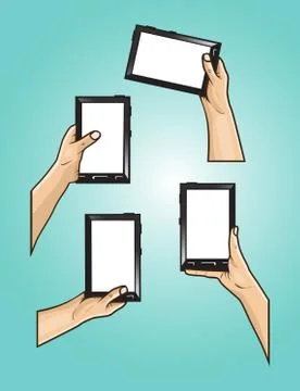 Set of hands holds mini tablet with different styles Stock Illustration