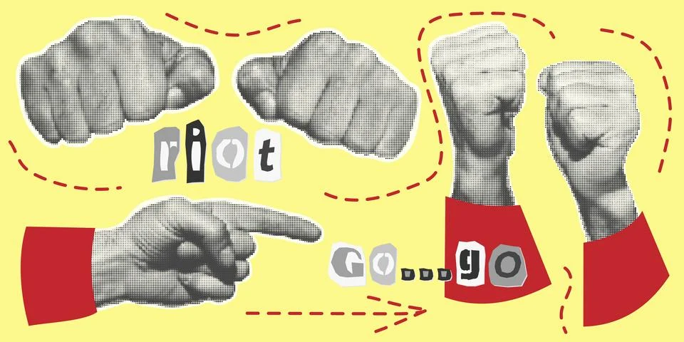 Set of hands, pointer with finger, fists. Halftone style Stock Illustration