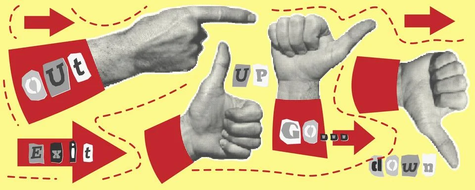 Set of hands, pointer with finger, fists. Halftone style Stock Illustration