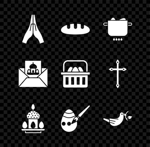 Set Hands in praying position, Bread loaf, Egg hot pot, Easter cake eggs, paint Stock Illustration