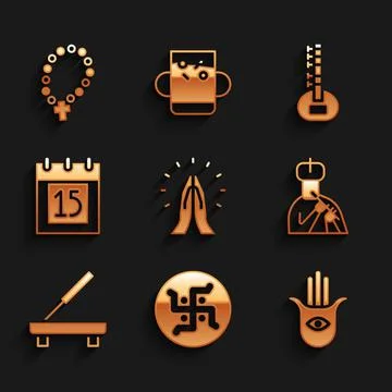Set Hands in praying position, Hindu swastika, Hamsa hand, Indian man plays Stock Illustration