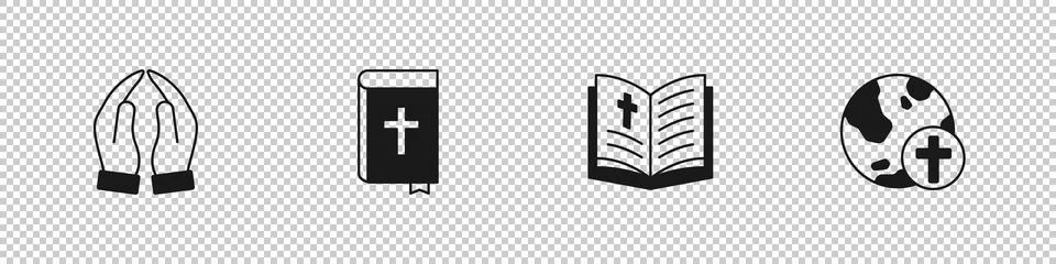 Set Hands in praying position, Holy bible book,  and Christian cross with g.. Illustration
