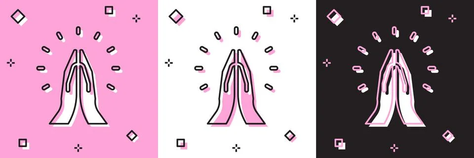 Set Hands in praying position icon isolated on pink and white, black background Stock Illustration