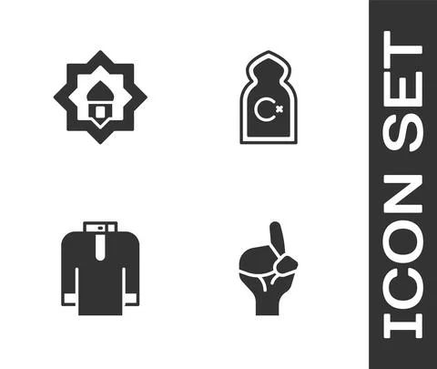 Set Hands in praying position, Muslim Mosque, Shirt kurta and icon. Vector Stock Illustration