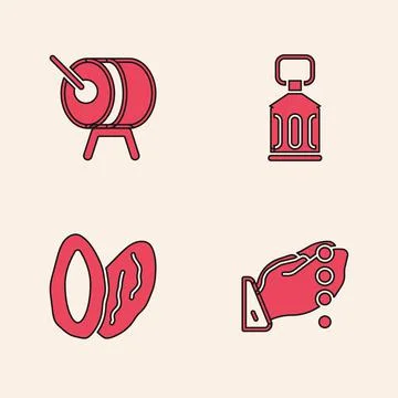 Set Hands in praying position, Ramadan drum, Kareem lantern and Date fruit icon Stock Illustration