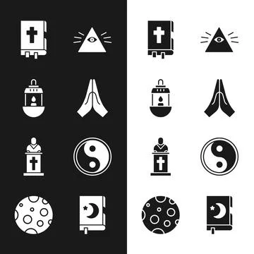 Set Hands in praying position, Ramadan Kareem lantern, Holy bible book, Masons Stock-Illustration