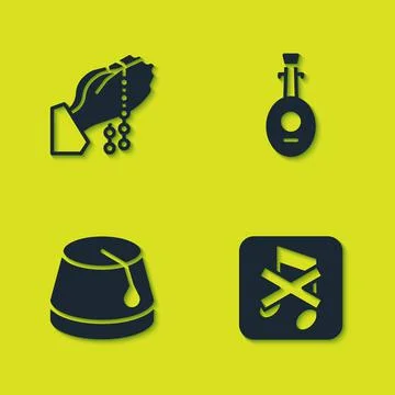 Set Hands in praying position, Speaker mute, Turkish hat and Lute icon. Vector Stock Illustration