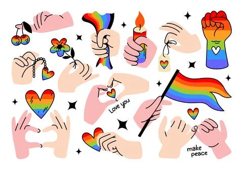 Set of hands with Pride LGBT with different gestures in retro cartoon style. Stock Illustration