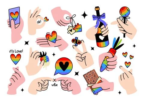 Set of hands with Pride LGBT with different gestures in retro cartoon style. Stock Illustration
