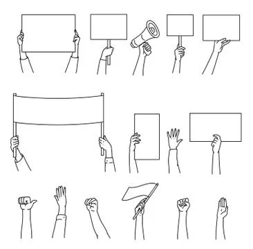Set of hands with protest placards in black line, vector illustration isolated. Stock Illustration
