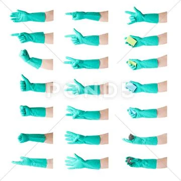 Set of hands in rubber latex glove over white isolated background Stock Photos