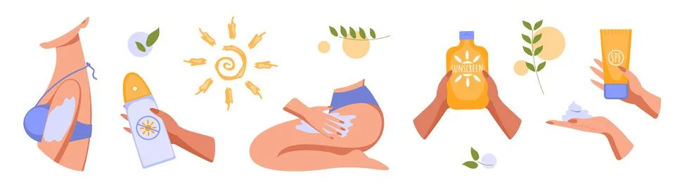 Set of hands using spf gel. Concept of UV protection for skin, health care, prot Stock Illustration