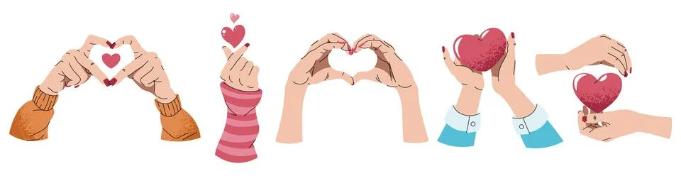 Set of hands for valentine's day in flat cartoon style. Hands showing heart,  Illustrazione stock