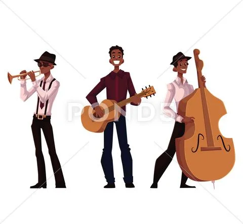 Set of handsome African male trumpet, guitar and contrabass players Stock Illustration