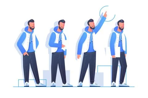 Set handsome bearded man character poses in modern style clothes. Stock Illustration
