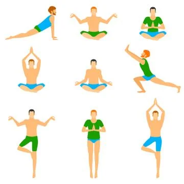 Set with a handsome man in various poses of yoga Illustrazione stock