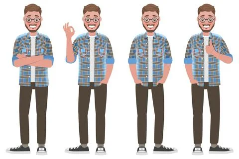Set of Handsome Smiling Bearded Man in Various Positive Body Positions. Stock Illustration