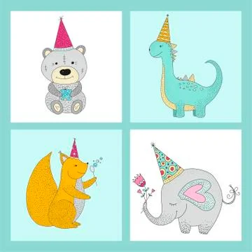 Set of handwritten cards with cute vector illustrations. Stock Illustration