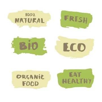 Set of handwritten organic vector doddle lettering on badges. Organic Food, B Stock Illustration