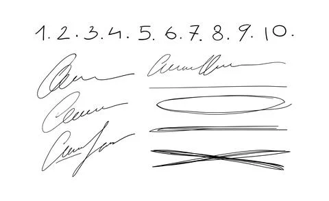 A set of handwritten scribbles and numbers, signature, strikethrough blots Illustrazione stock