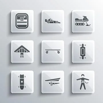 Set Hang glider, Bungee jumping, Longboard or skateboard, First aid kit and.. Stock Illustration