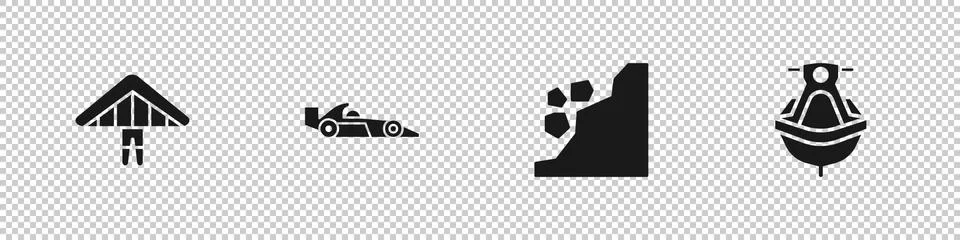 Set Hang glider, Formula 1 racing car, Landslide and Jet ski icon. Vector イラスト素材