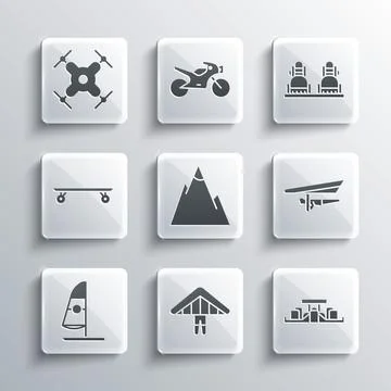 Set Hang glider, Formula 1 racing car, Mountains, Windsurfing, Longboard Stock Illustration