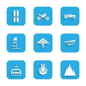 Set Hang glider, Jet ski, Mountains, Ski lift, Windsurfing, Vintage sport rac Stock Illustration