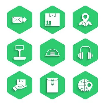 Set Hangar, Envelope, Location on the globe, Headphones, Delivery hand with.. Illustrazione stock