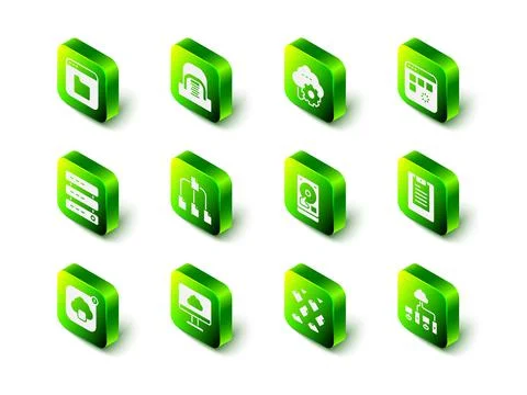 Set Hangar with servers, Cloud technology data transfer, Loading window, Server Stockillustratie