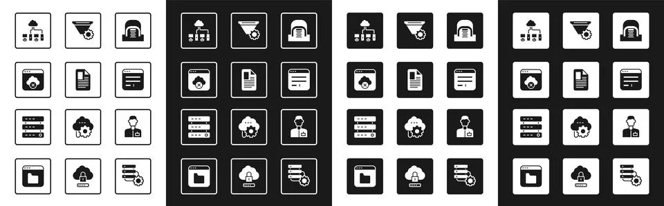 Set Hangar with servers, File document, Failed access cloud storage, Computer Stock Illustration