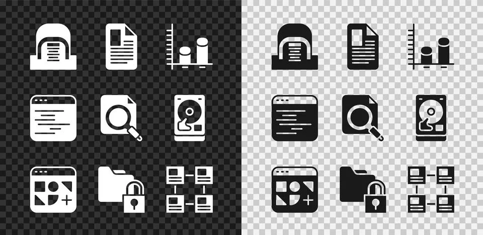 Set Hangar with servers, File document, Data analysis, Different files, Folder Stock-Illustration