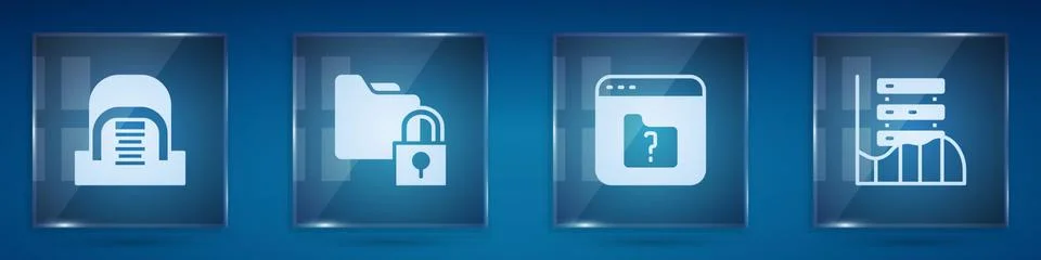 Set Hangar with servers, Folder and lock, File missing and Server, Data, Web Stock Illustration